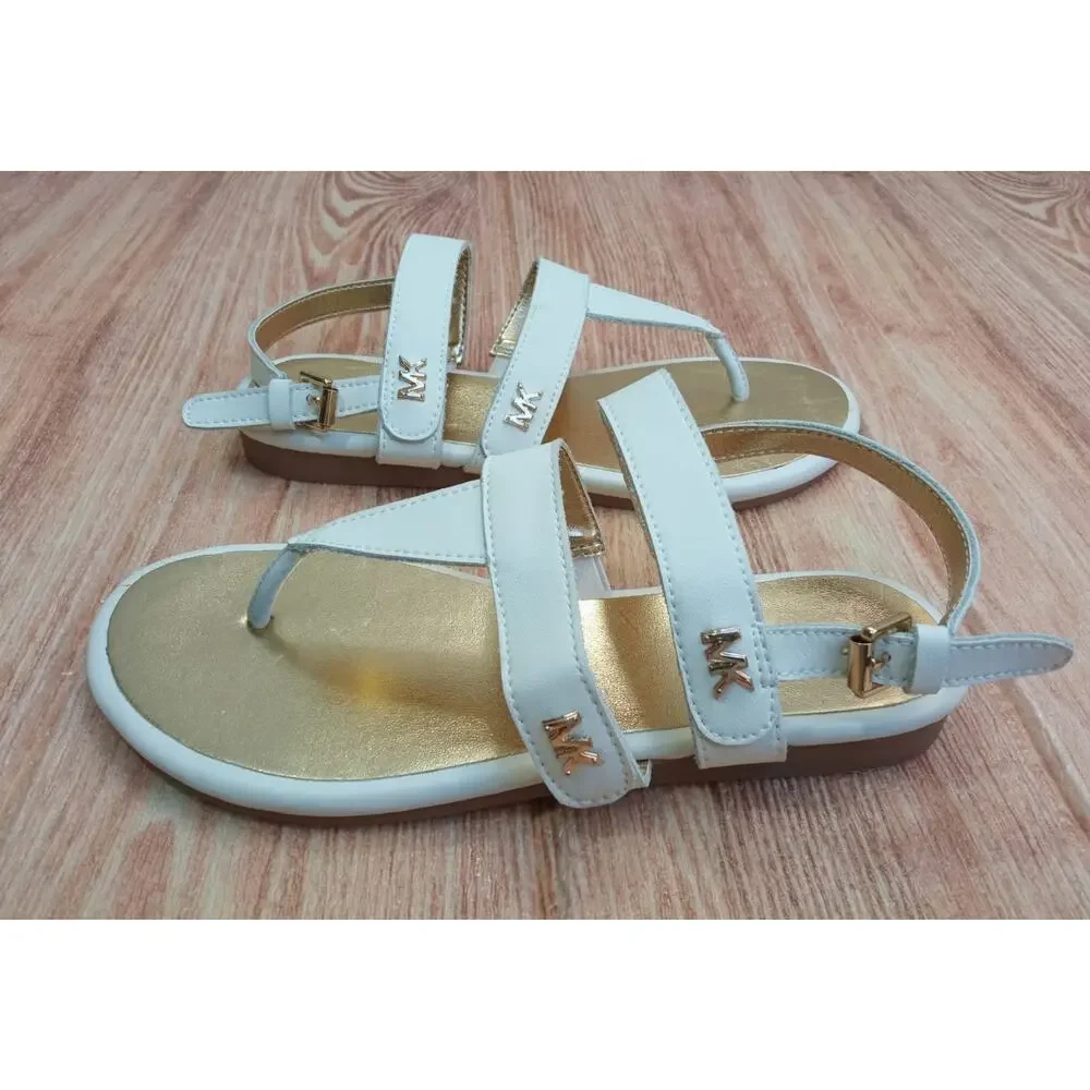 MICHAEL KORS Girls T-Strap Sandals Logo Open-Toe Shoes White/Gold Size 1 NWOB